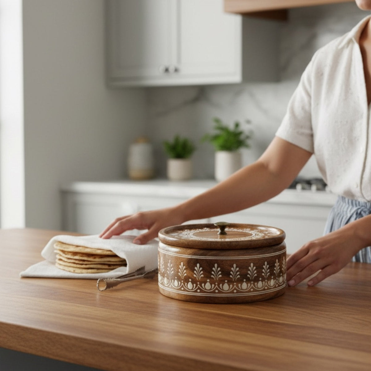 Wooden Roti Box with Lid - 9-Inch Mango Wood Chapati Keeper
