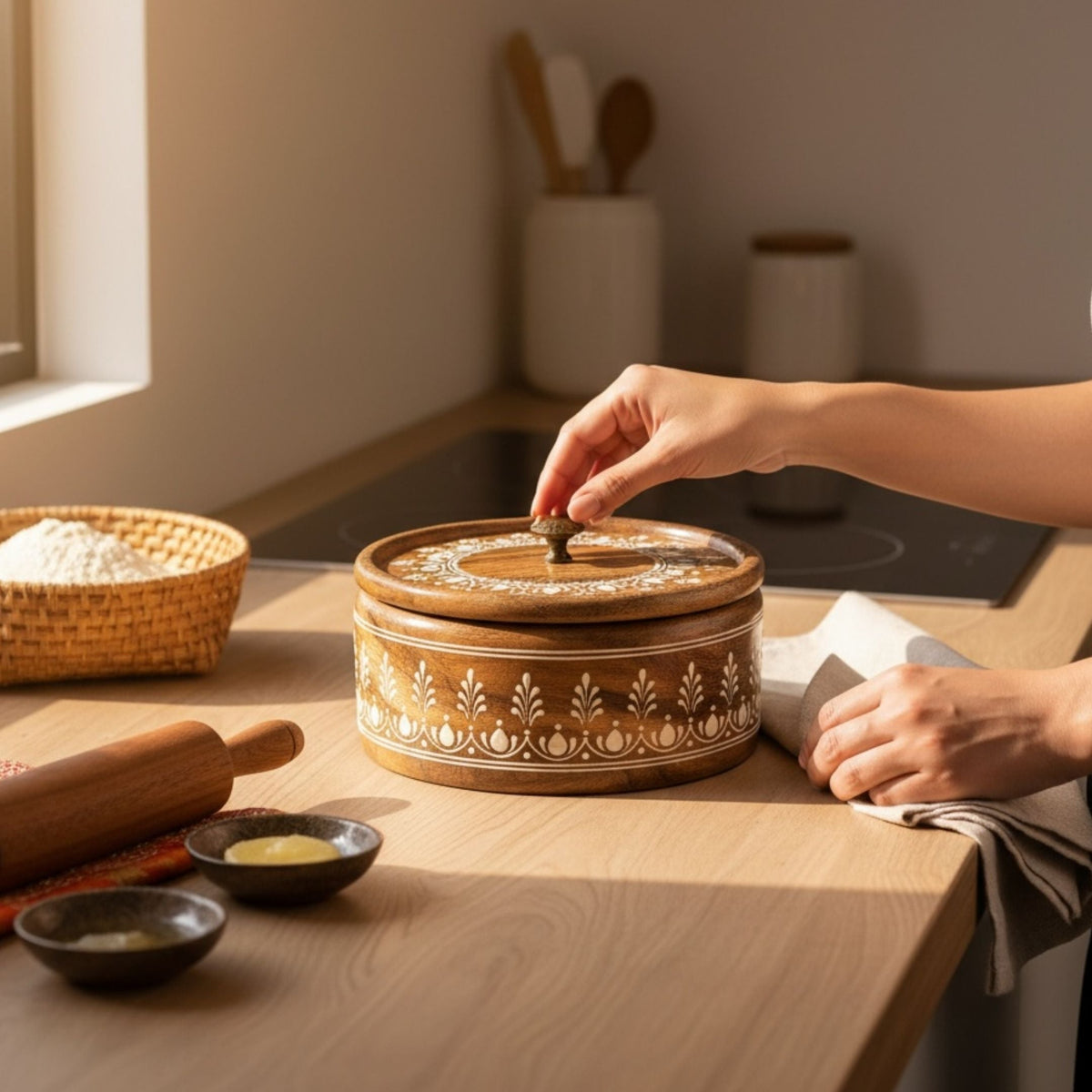 Wooden Roti Box with Lid - 9-Inch Mango Wood Chapati Keeper