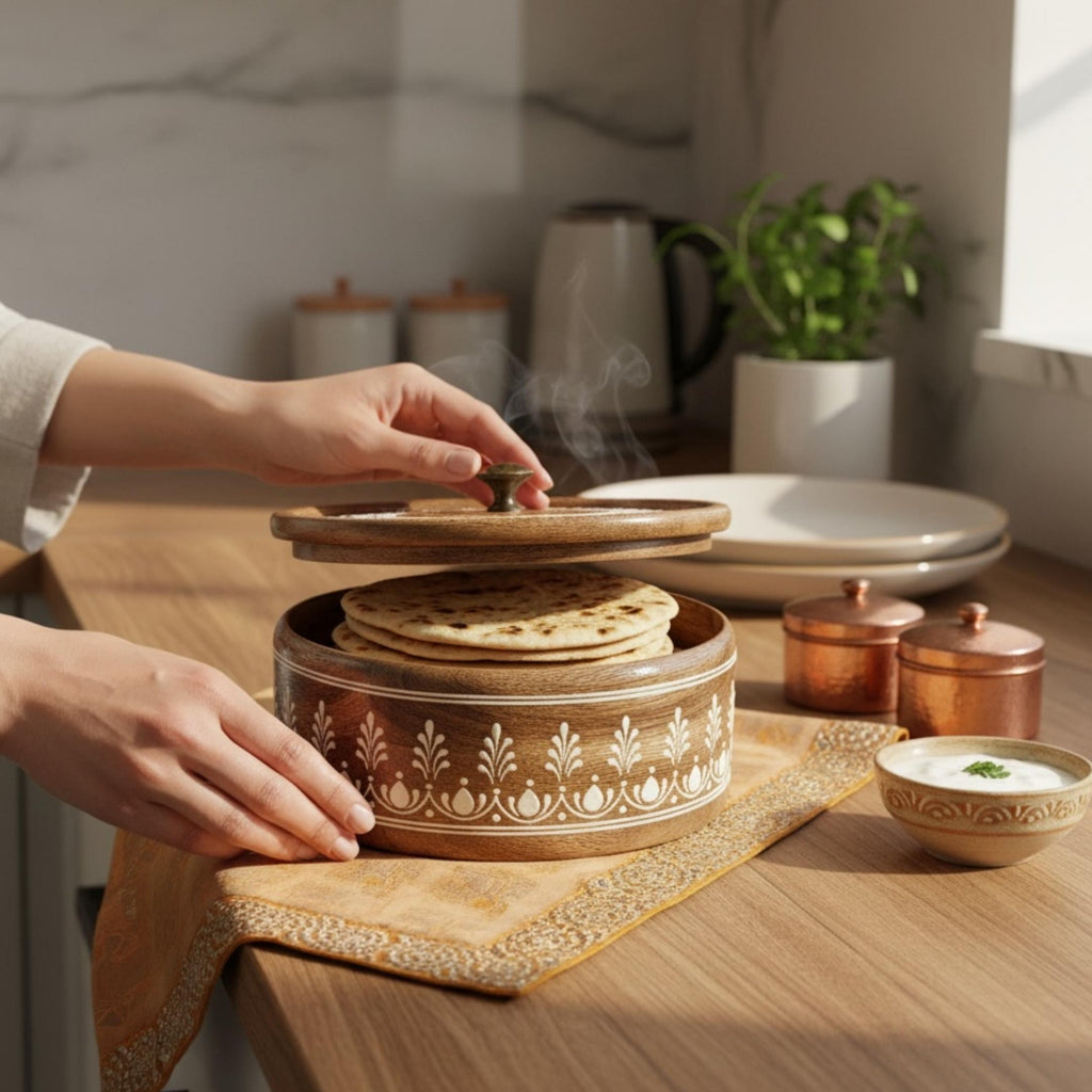 Wooden Roti Box with Lid - 9-Inch Mango Wood Chapati Keeper