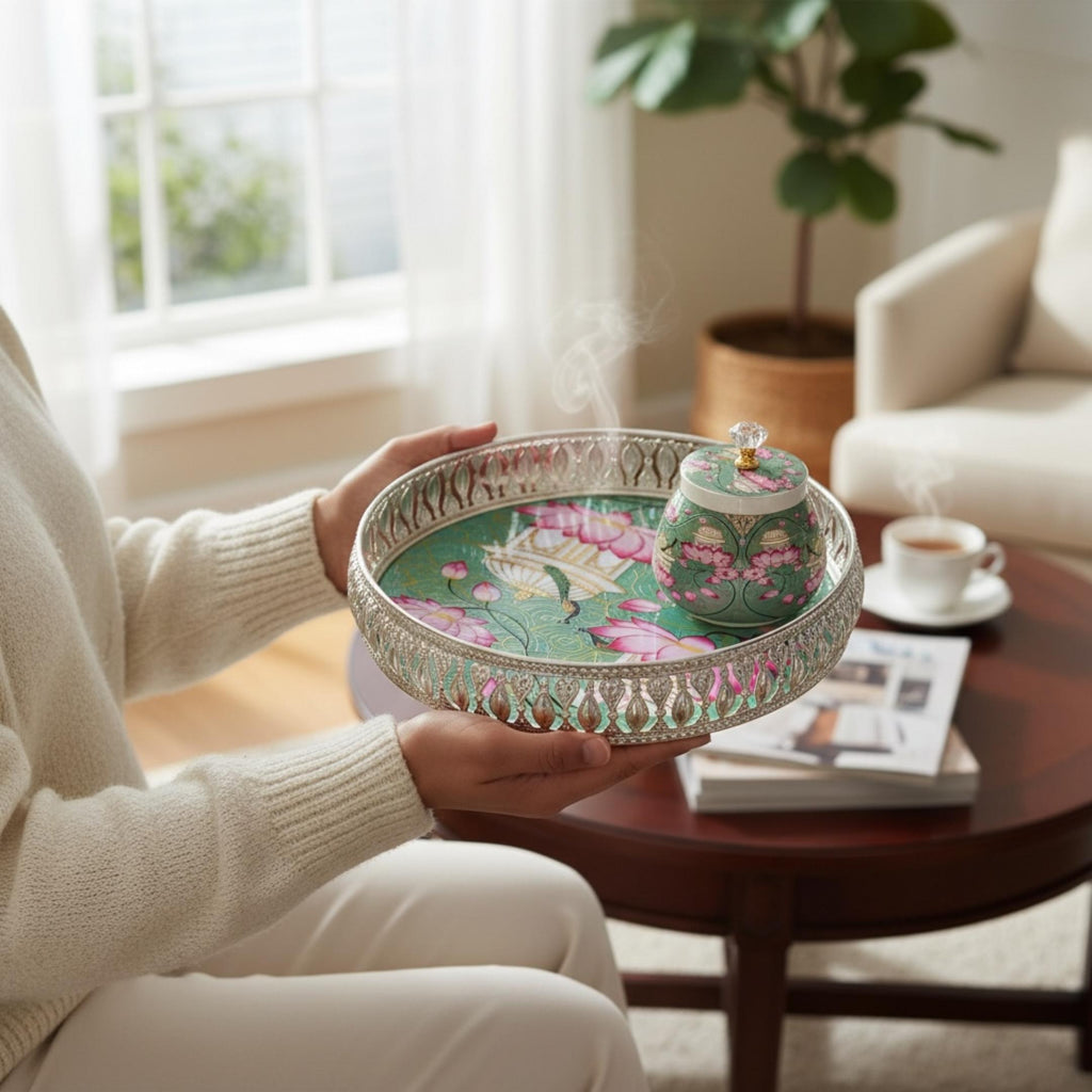Silver-Tone Tray & Jar Set - 10-Inch Tray with Lidded Jar