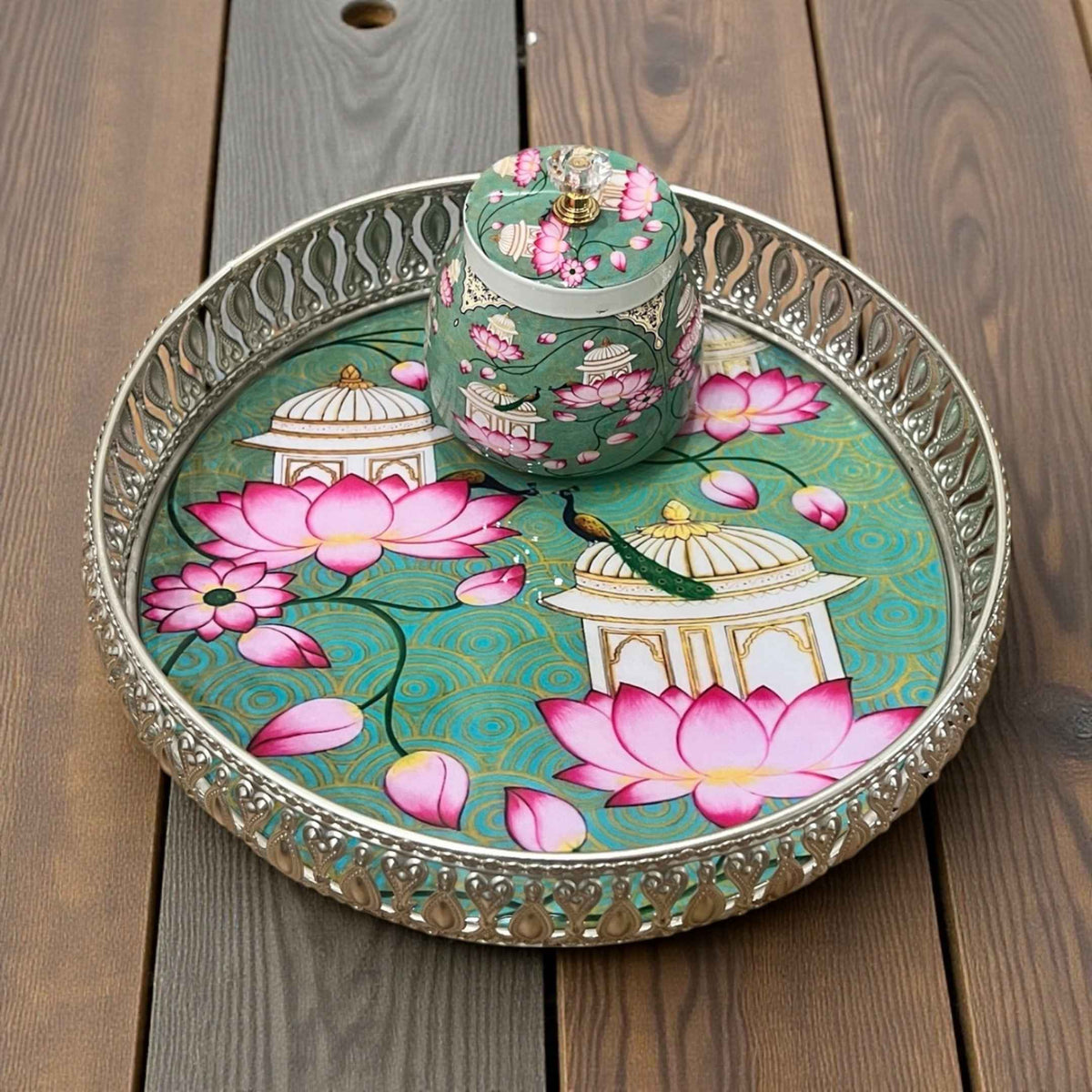 Silver-Tone Tray & Jar Set - 10-Inch Tray with Lidded Jar