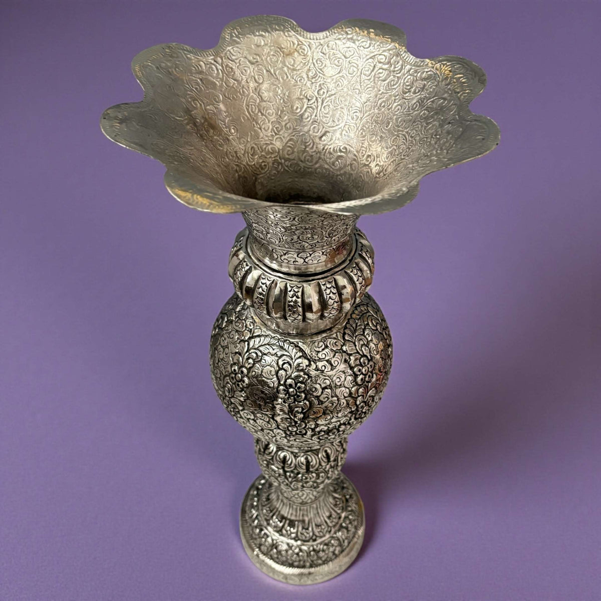 Tall Antique Silver Vase | Engraved Brass, 21 or 16 Inch