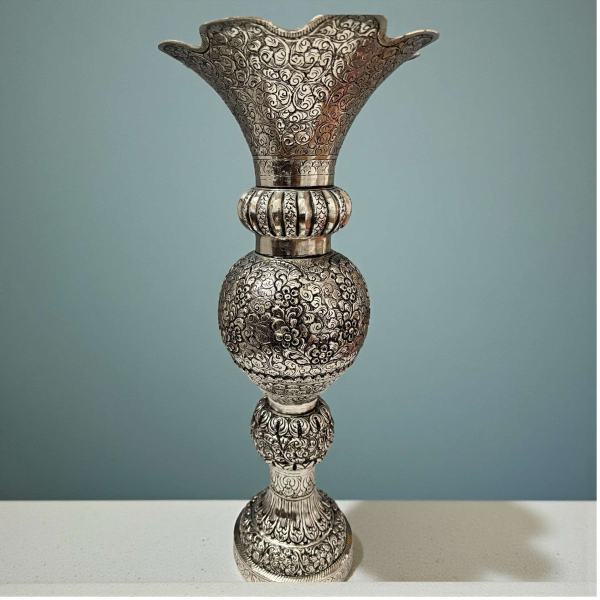 Tall Antique Silver Vase | Engraved Brass, 21 or 16 Inch