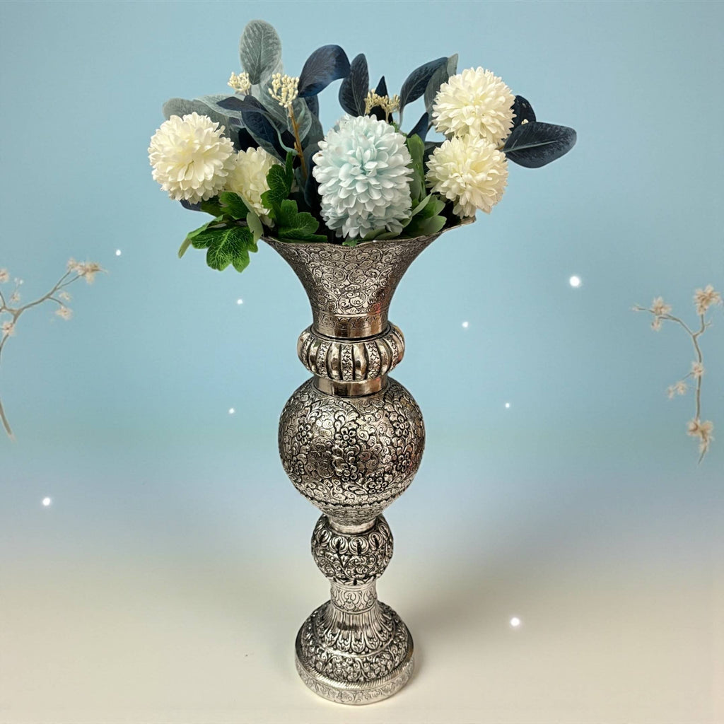 Tall Antique Silver Vase | Engraved Brass, 21 or 16 Inch