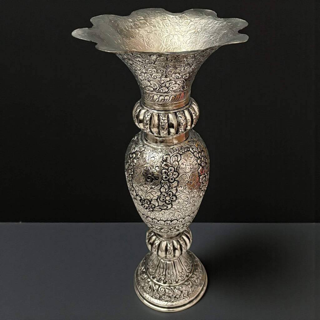 Tall Antique Silver Vase | Engraved Brass, 21 or 16 Inch