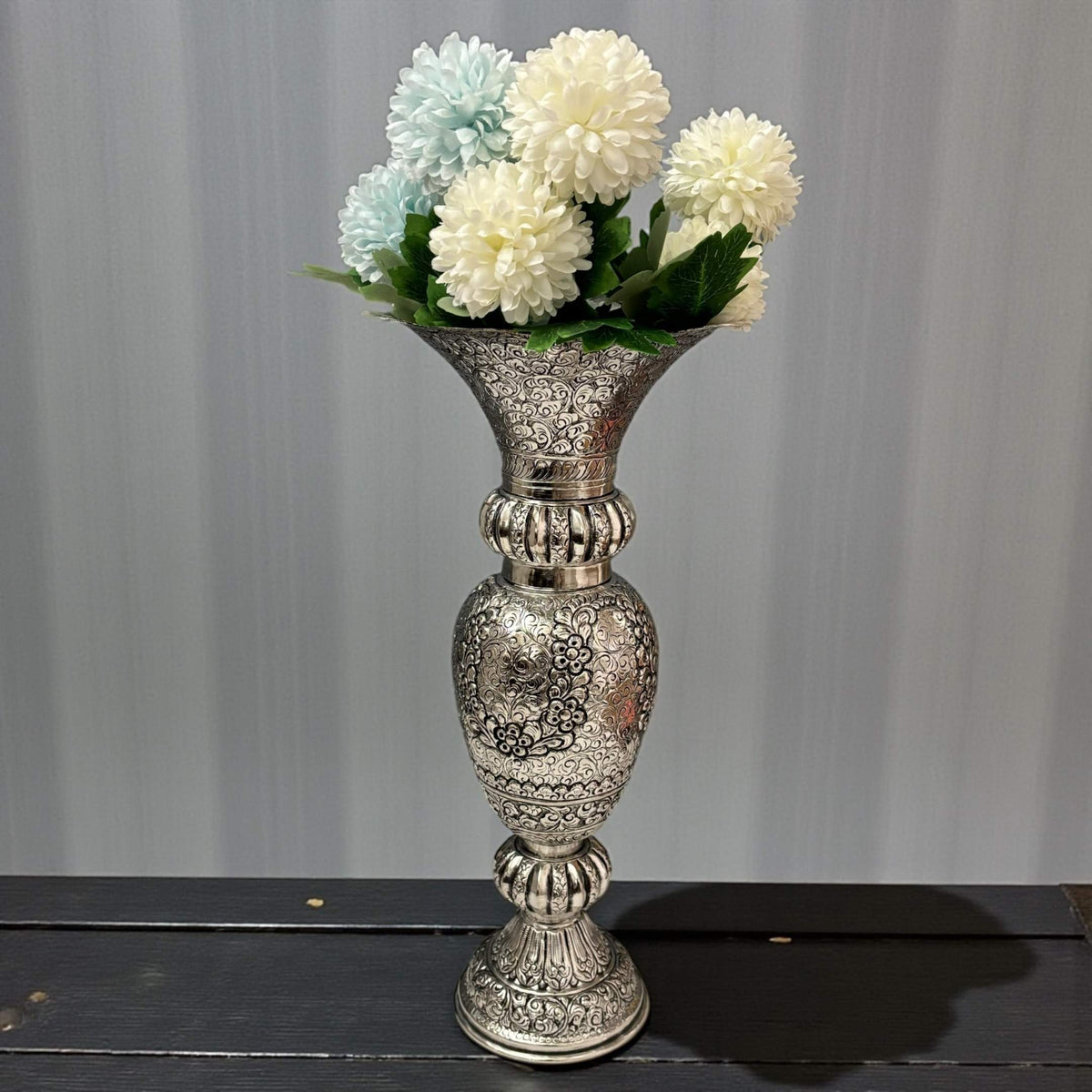 Tall Antique Silver Vase | Engraved Brass, 21 or 16 Inch