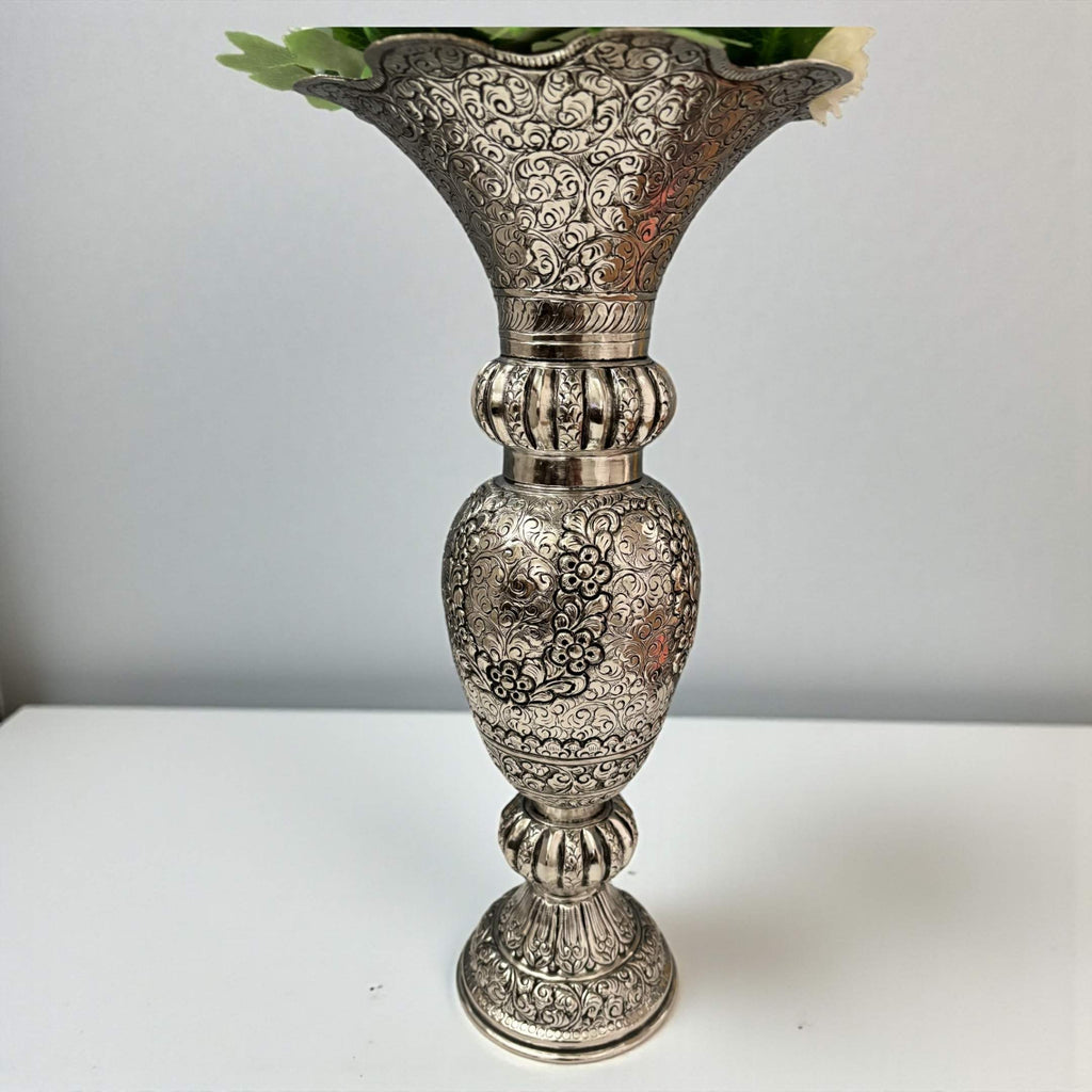 Tall Antique Silver Vase | Engraved Brass, 21 or 16 Inch