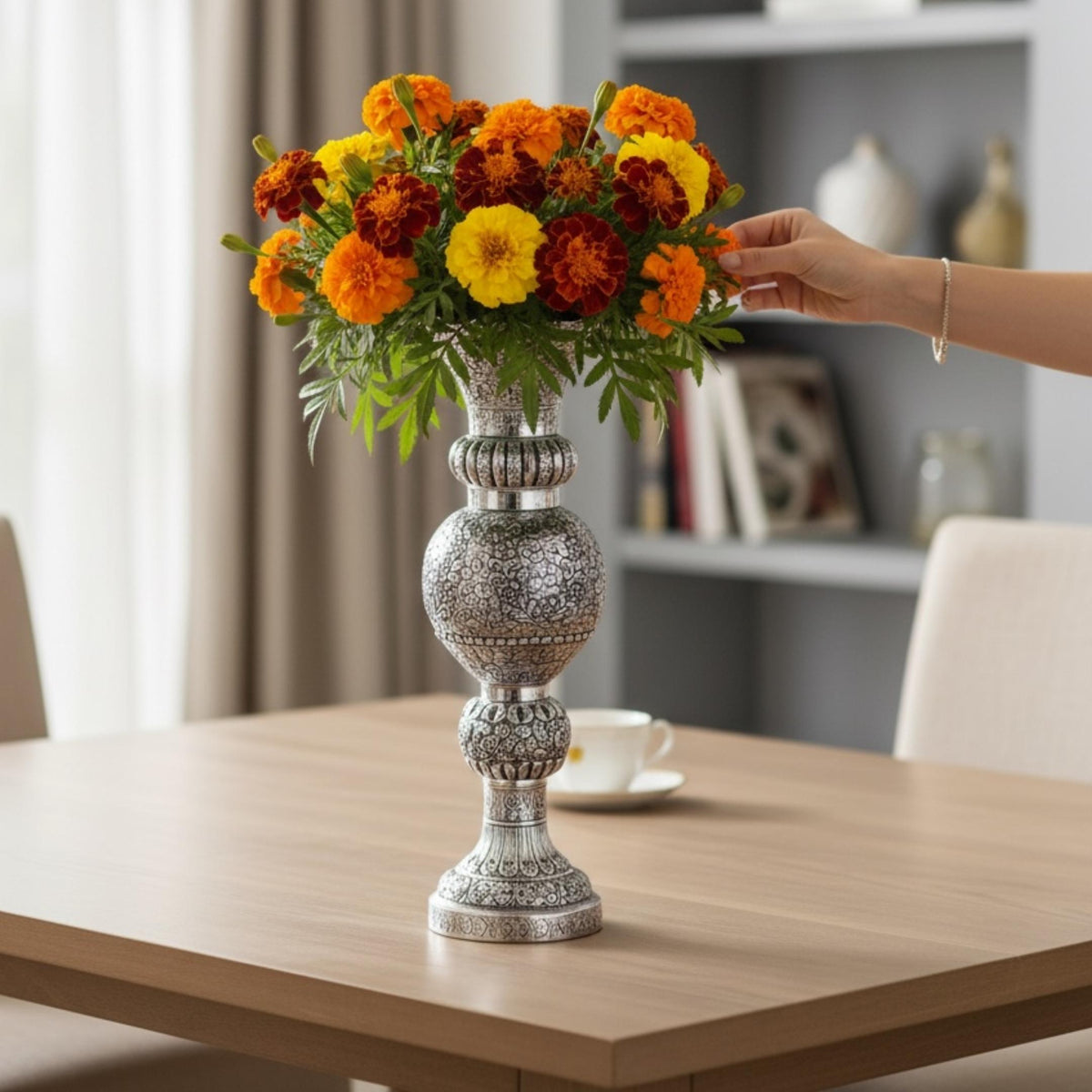 Tall Antique Silver Vase | Engraved Brass, 21 or 16 Inch