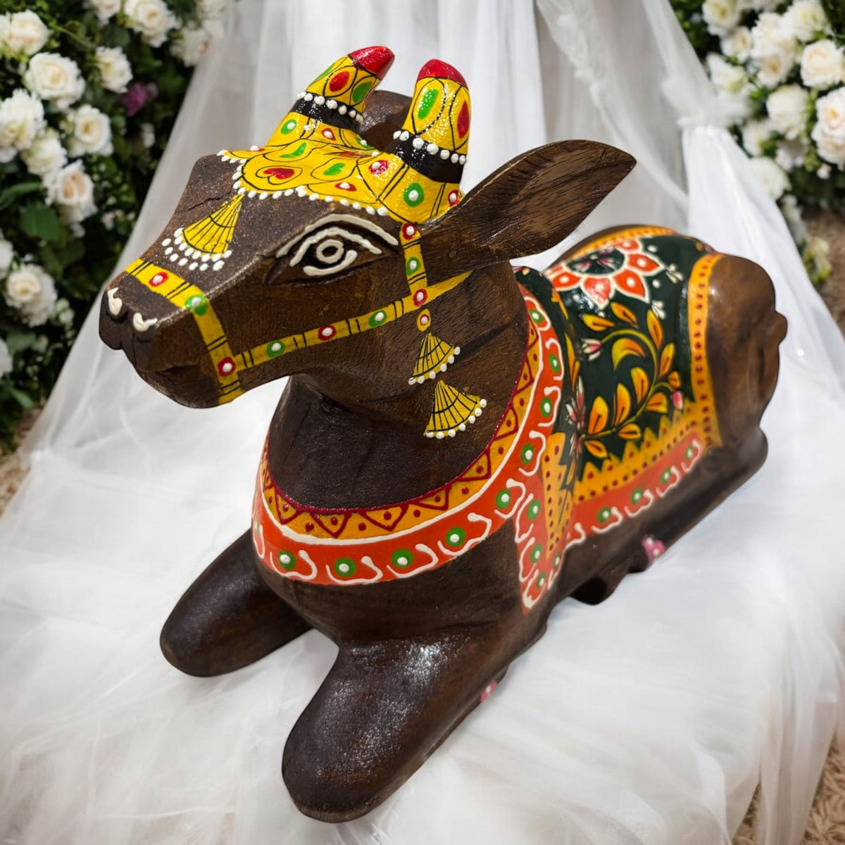 Wooden Nandi Statue - 9-Inch Hand-Carved, 10 Colours