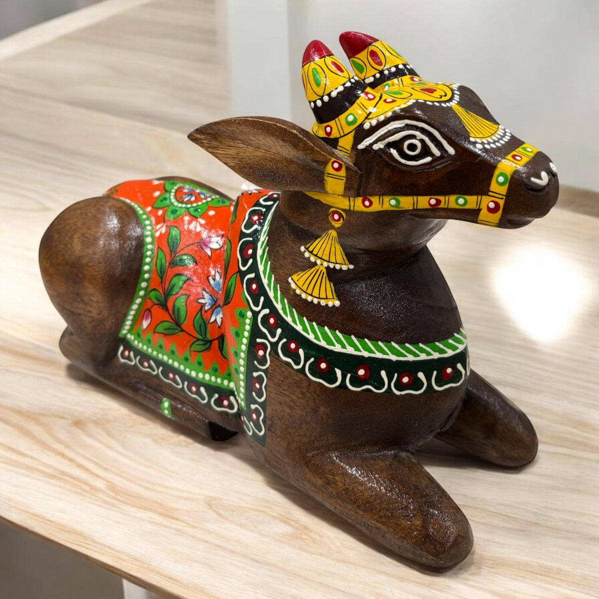Wooden Nandi Statue - 9-Inch Hand-Carved, 10 Colours