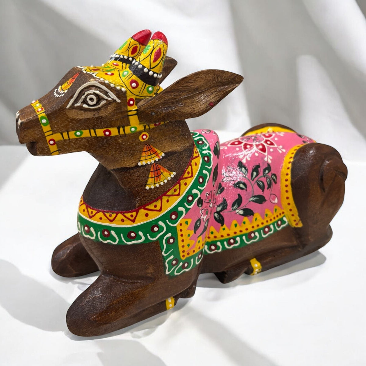 Wooden Nandi Statue - 9-Inch Hand-Carved, 10 Colours