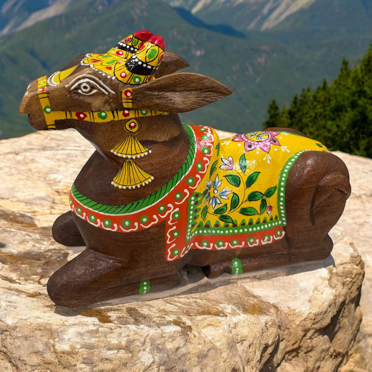 Wooden Nandi Statue - 9-Inch Hand-Carved, 10 Colours