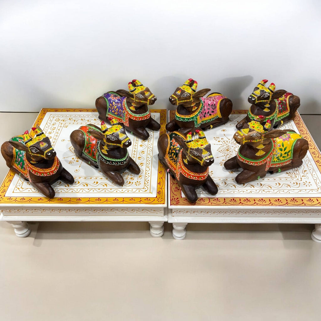 Wooden Nandi Statue - 9-Inch Hand-Carved, 10 Colours