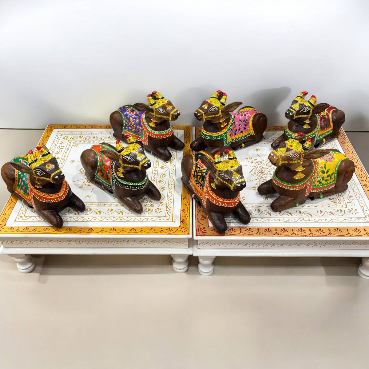 Wooden Nandi Statue - 9-Inch Hand-Carved, 10 Colours