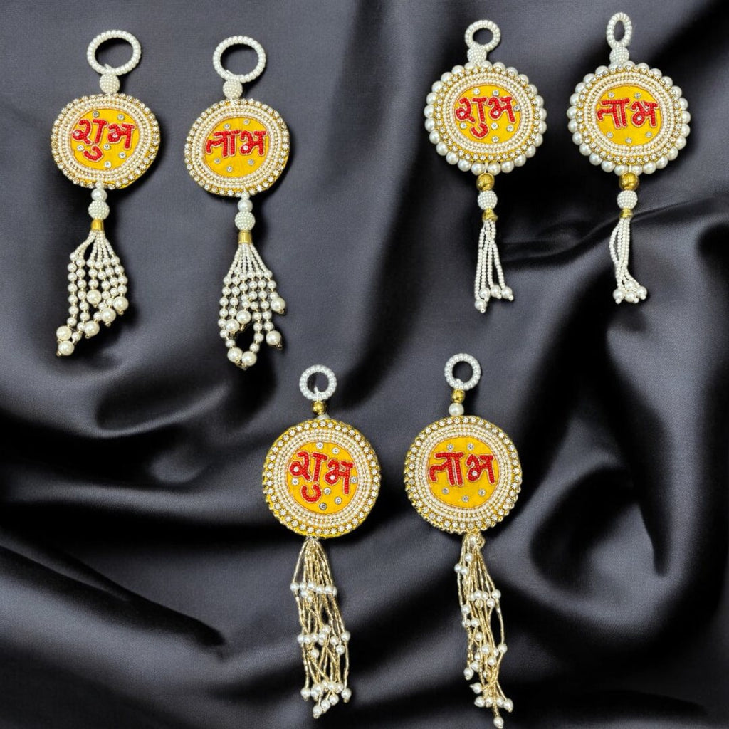 Shubh Labh Wall Hanging Set - Kundan and Pearl Tassels