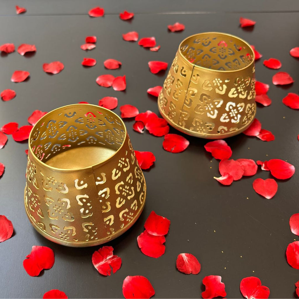 Gold Jali T-Light Lanterns - Set of 4 Pierced Metal Diyas