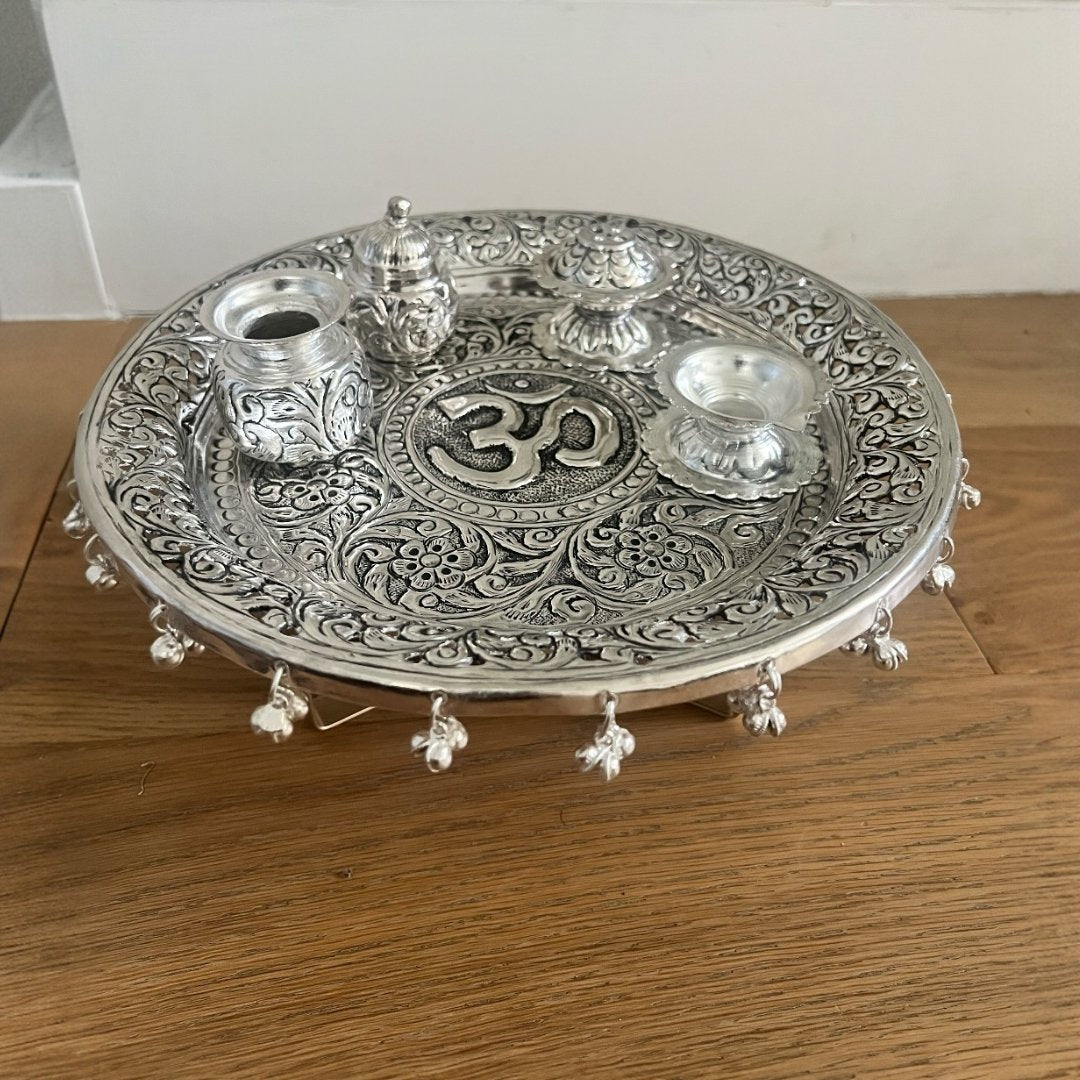 Om Silver Pooja Thali Set – Antique Finish (5-Piece Set)