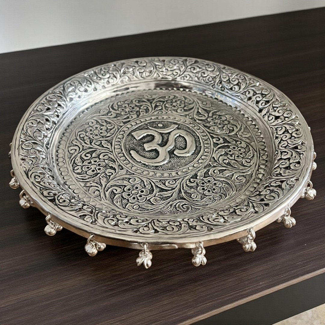 Om Silver Pooja Thali Set – Antique Finish (5-Piece Set)