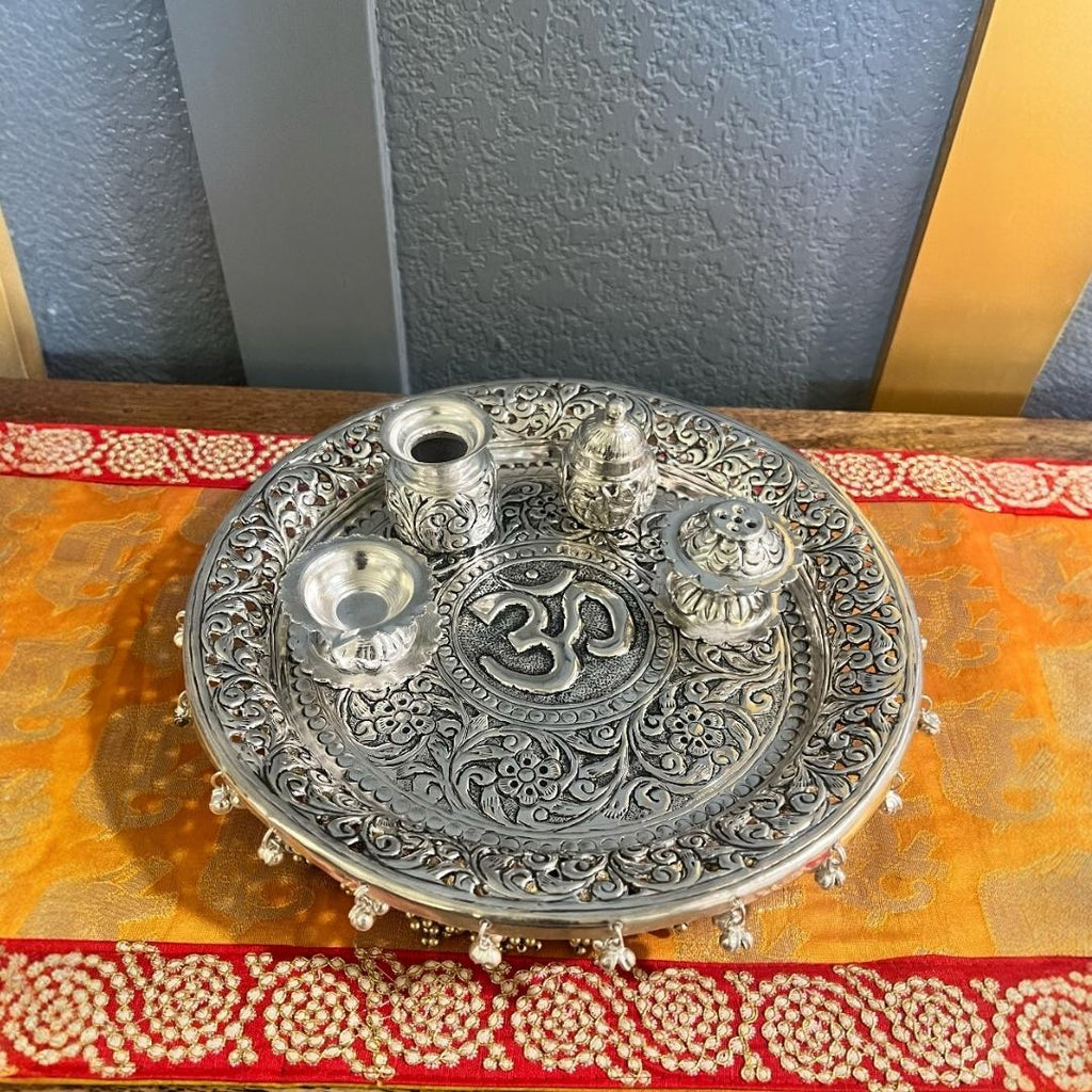 Om Silver Pooja Thali Set – Antique Finish (5-Piece Set)