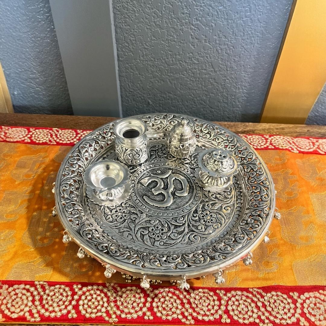 Om Silver Pooja Thali Set – Antique Finish (5-Piece Set)