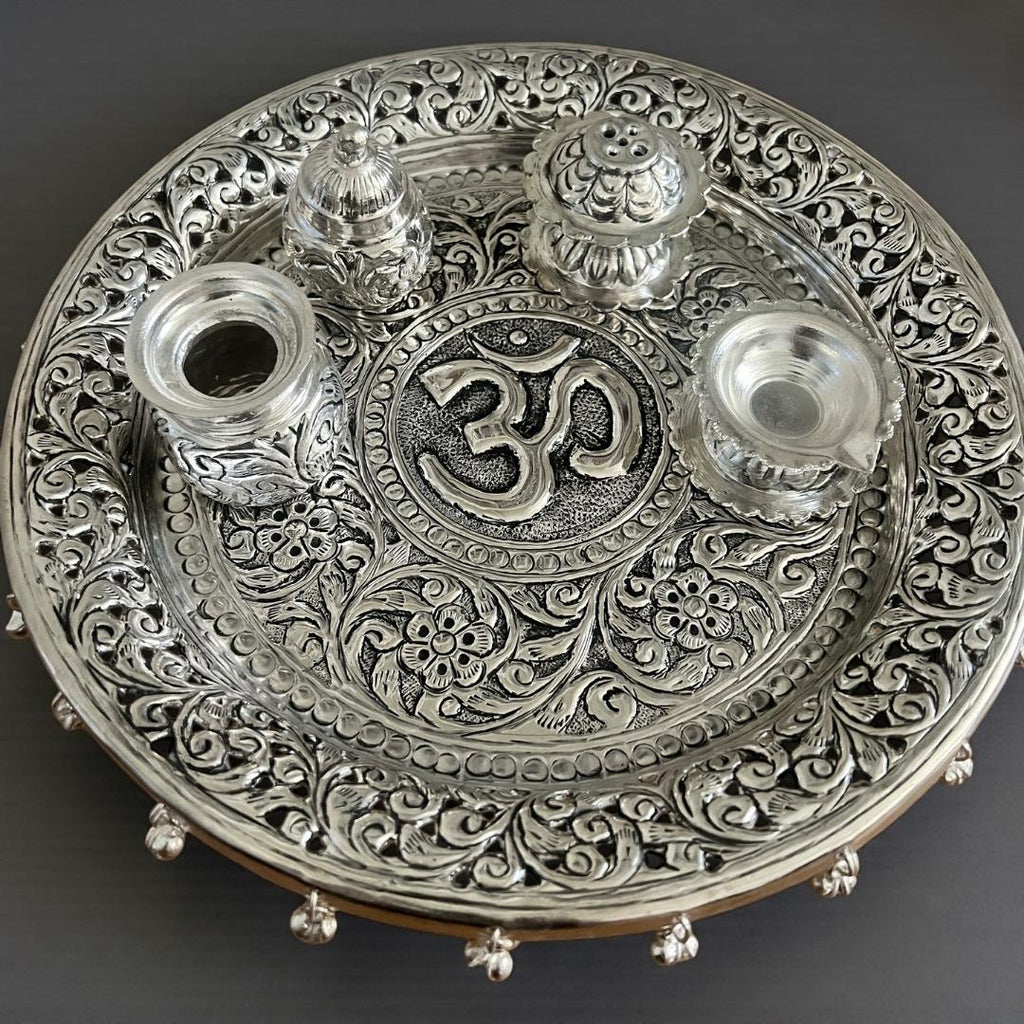 Om Silver Pooja Thali Set – Antique Finish (5-Piece Set)