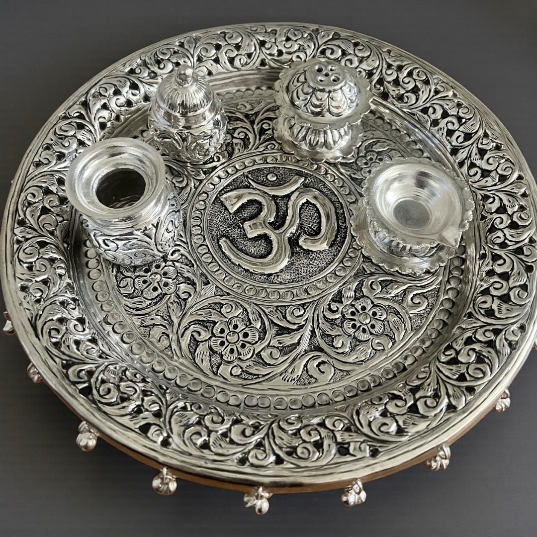 Om Silver Pooja Thali Set – Antique Finish (5-Piece Set)