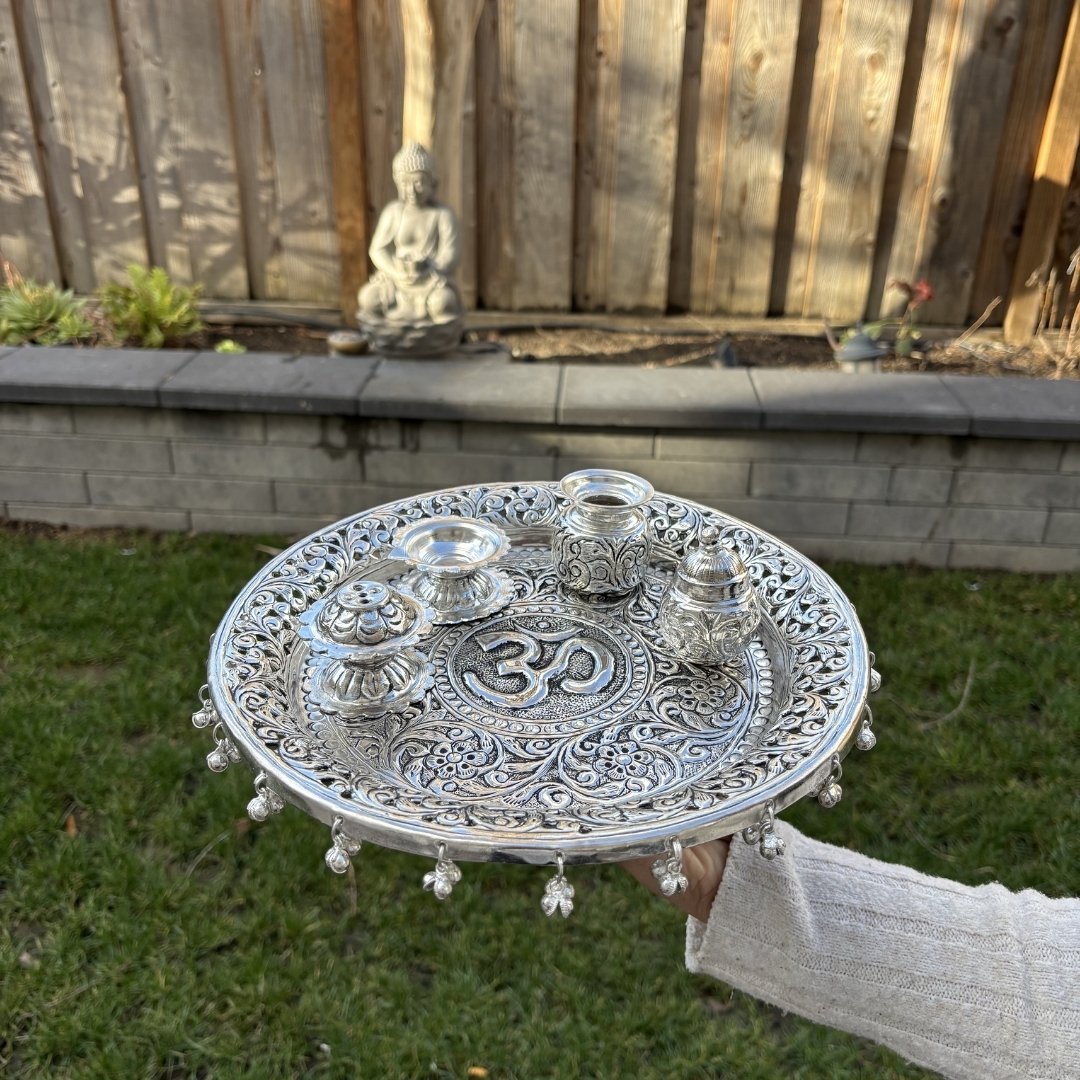 Om Silver Pooja Thali Set – Antique Finish (5-Piece Set)