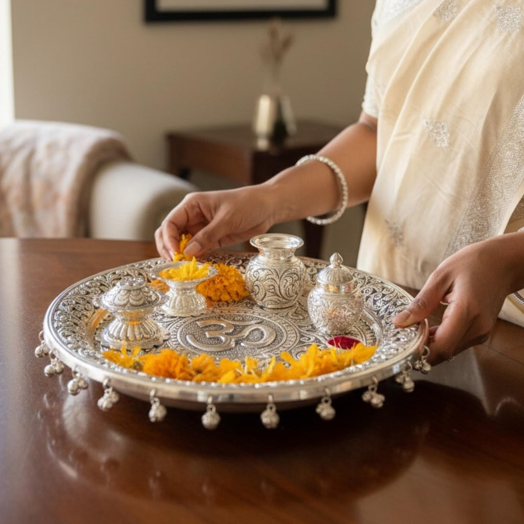 Om Silver Pooja Thali Set – Antique Finish (5-Piece Set)
