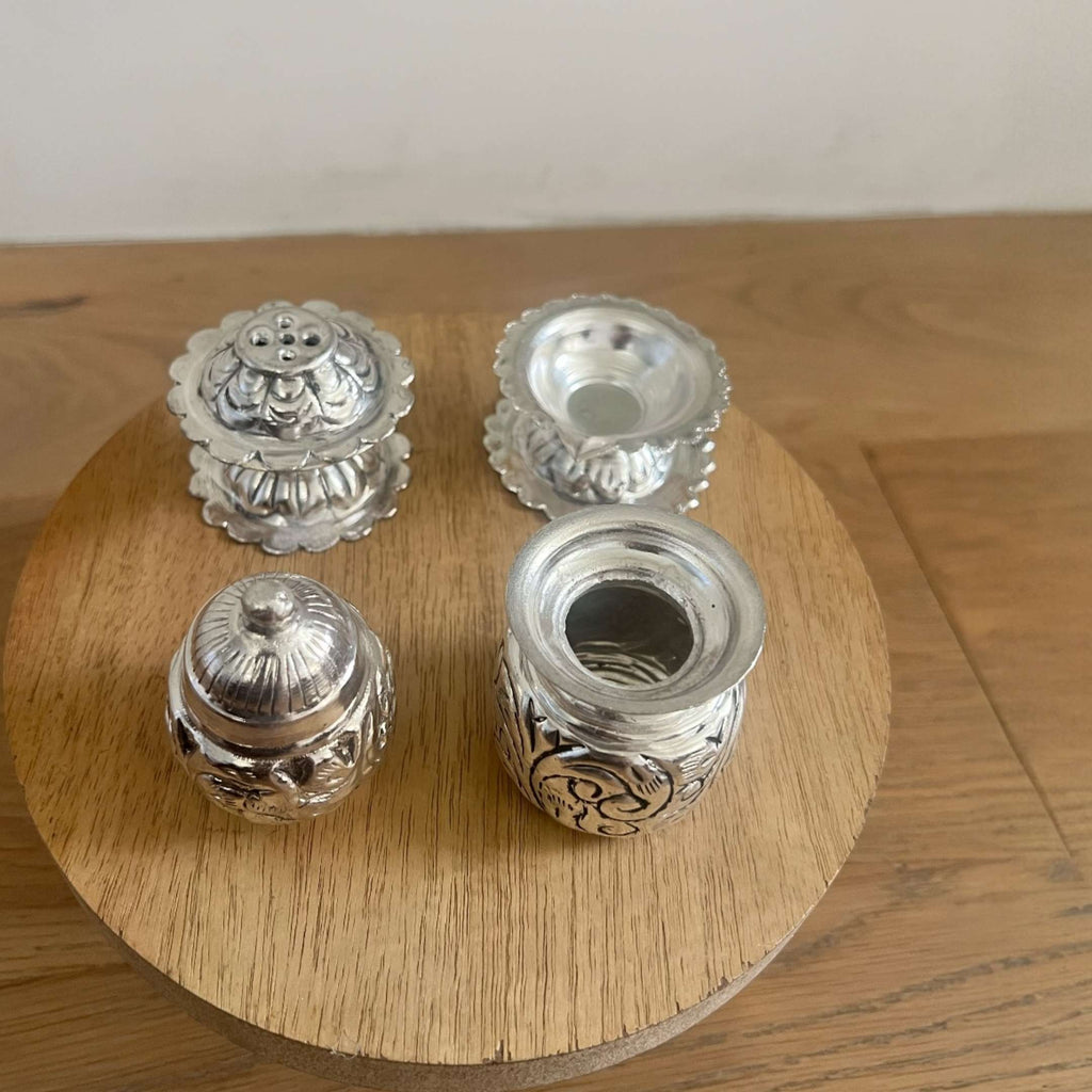 Om Silver Pooja Thali Set – Antique Finish (5-Piece Set)