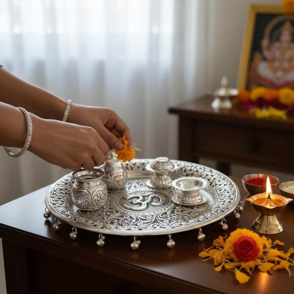 Om Silver Pooja Thali Set – Antique Finish (5-Piece Set)