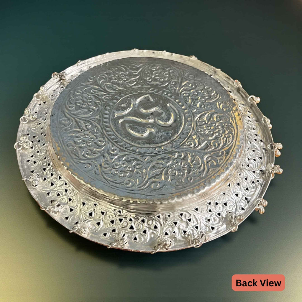 Om Silver Pooja Thali Set – Antique Finish (5-Piece Set)