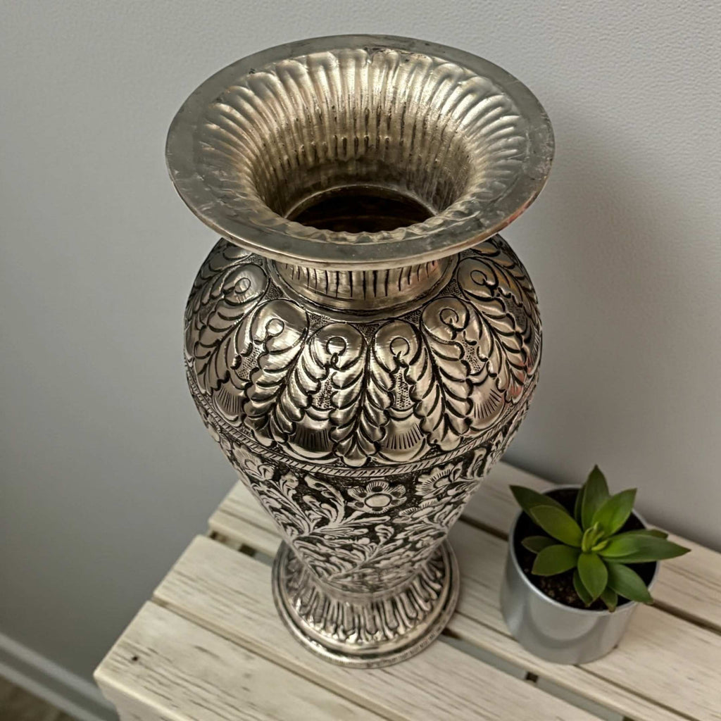 Antique Silver Foliage Vase | Hand-Engraved Copper