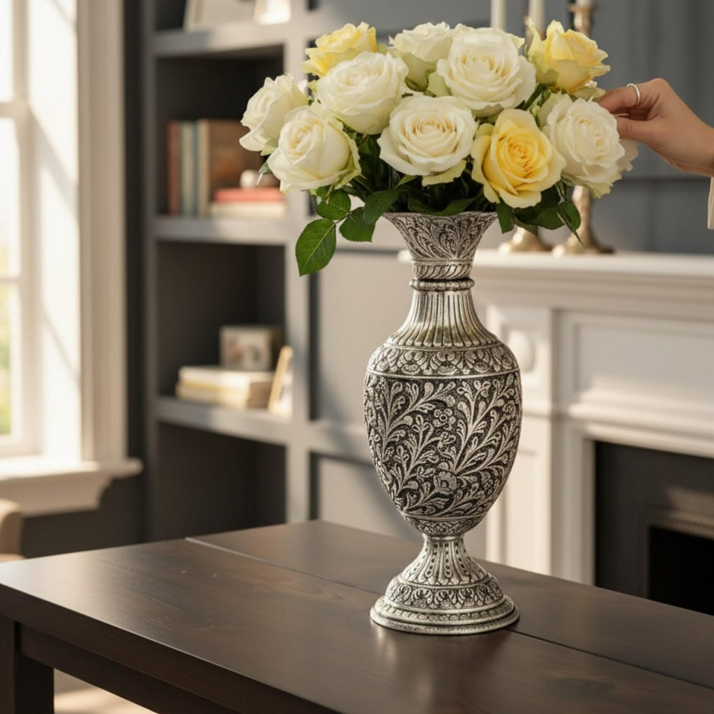 Antique Silver Foliage Vase | Hand-Engraved Copper