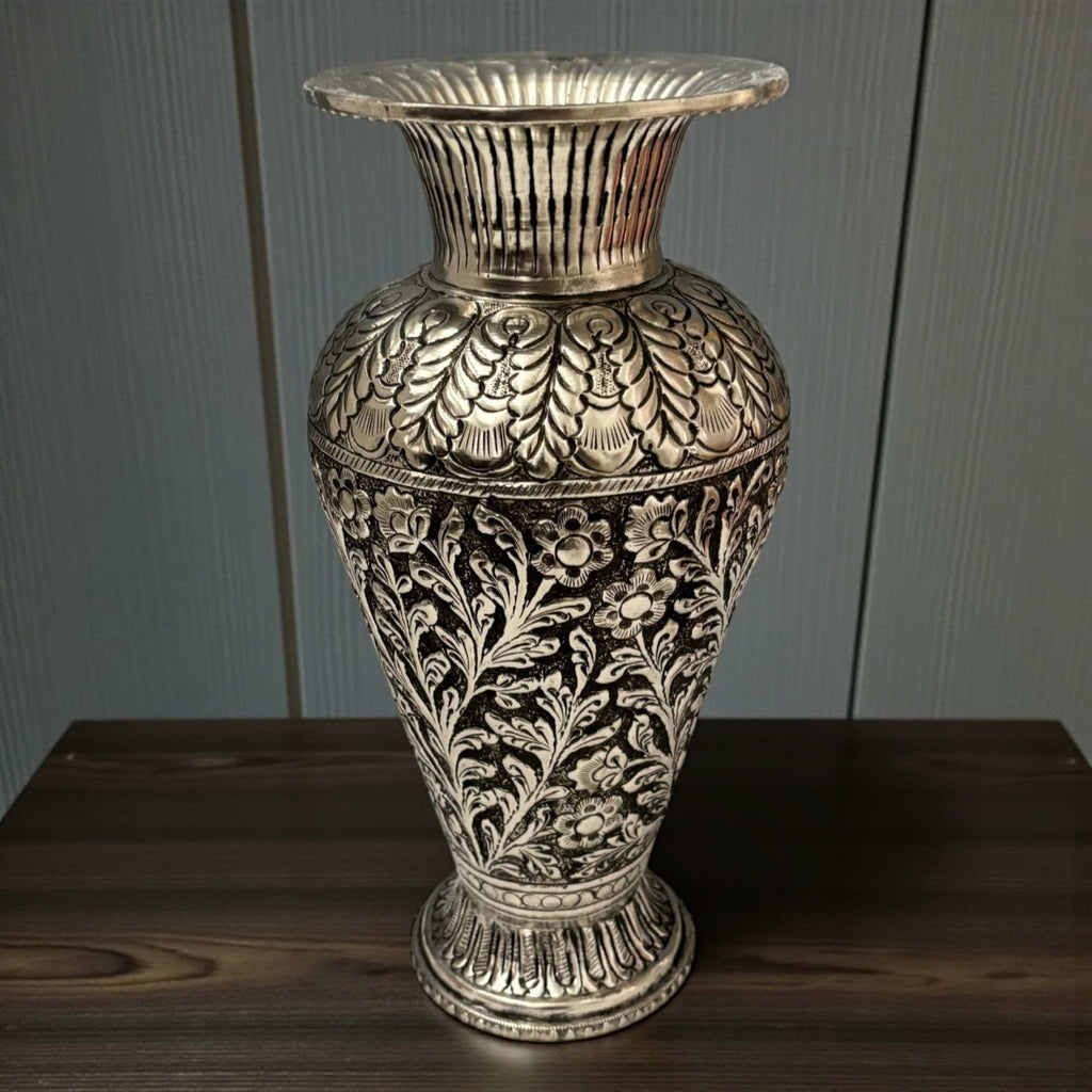 Antique Silver Foliage Vase | Hand-Engraved Copper