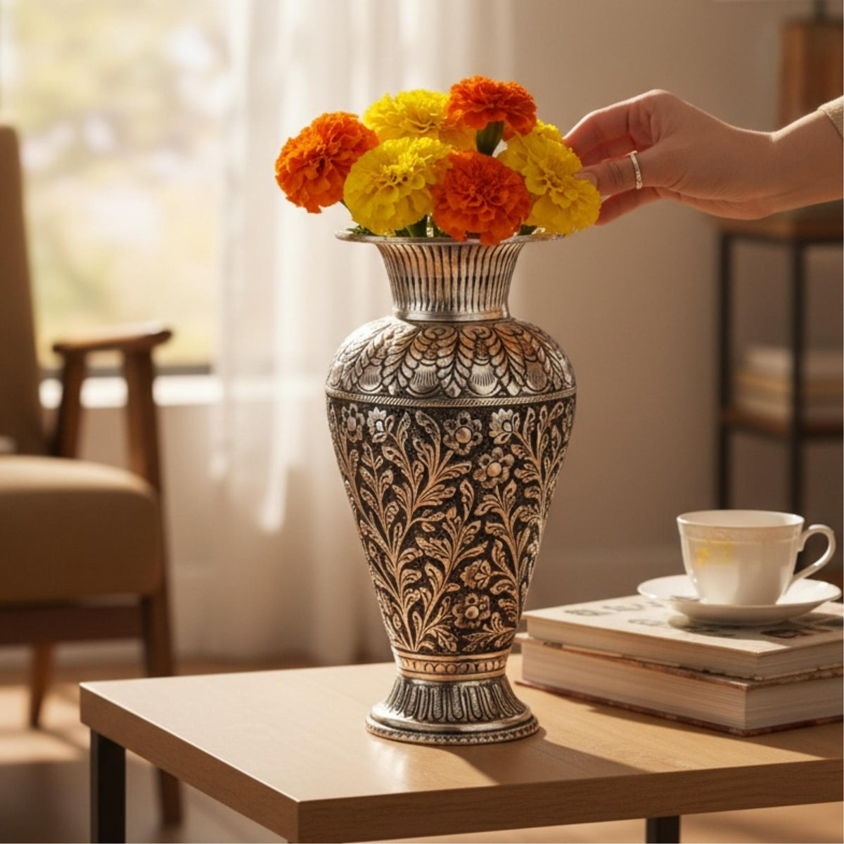 Antique Silver Foliage Vase | Hand-Engraved Copper