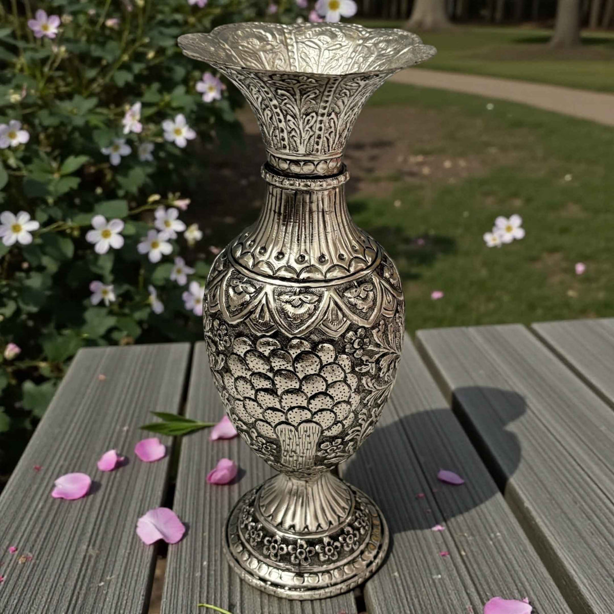 Antique Silver Foliage Vase | Hand-Engraved Copper