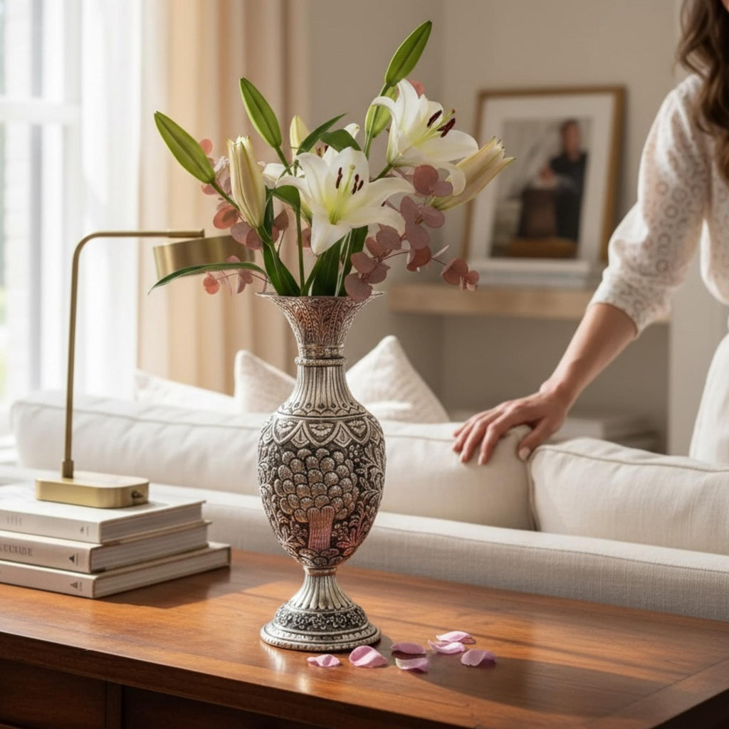 Antique Silver Foliage Vase | Hand-Engraved Copper