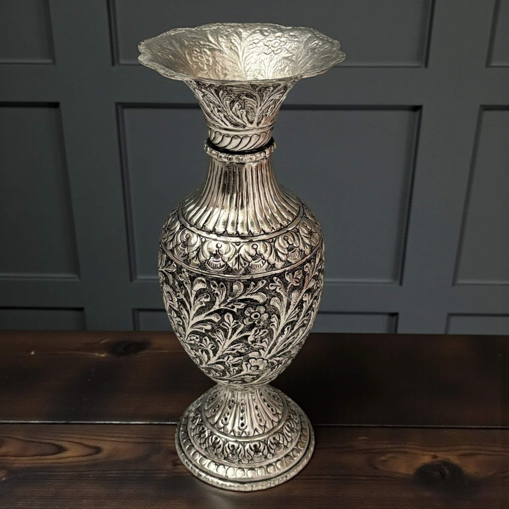 Antique Silver Foliage Vase | Hand-Engraved Copper