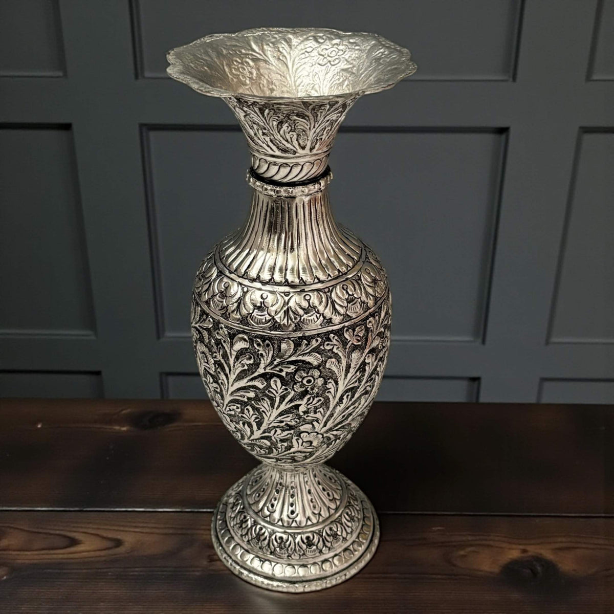 Antique Silver Foliage Vase | Hand-Engraved Copper