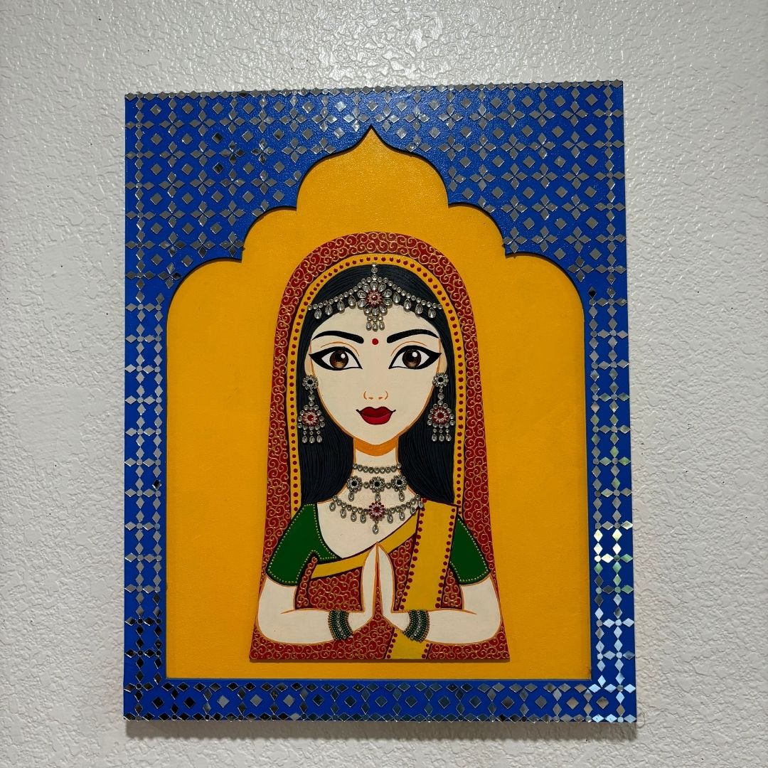 Rajasthani Welcome Wall Art – Woman in Namaste, 20x16 Jharokha