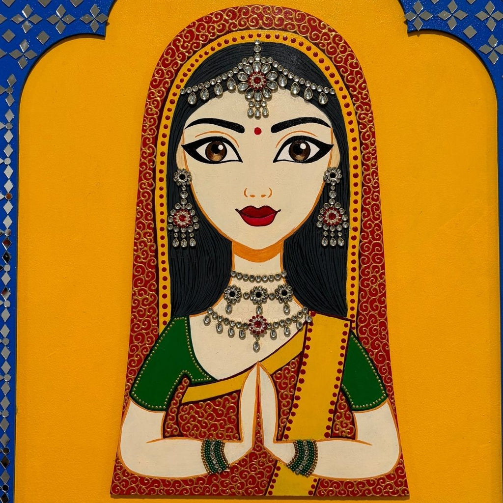 Rajasthani Welcome Wall Art – Woman in Namaste, 20x16 Jharokha