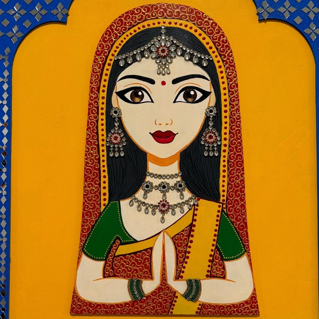 Rajasthani Welcome Wall Art – Woman in Namaste, 20x16 Jharokha