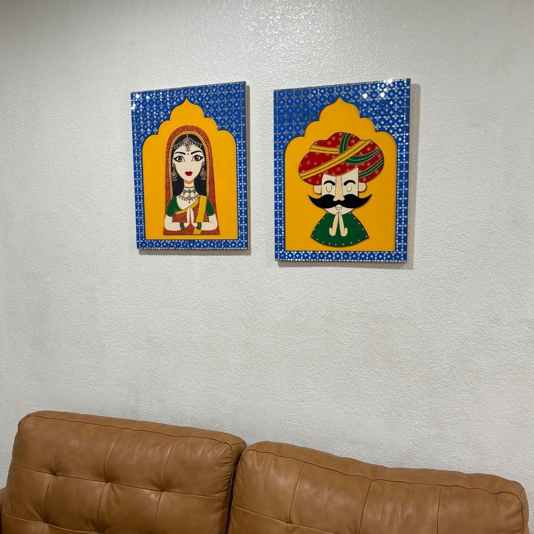 Rajasthani Welcome Wall Art – Woman in Namaste, 20x16 Jharokha