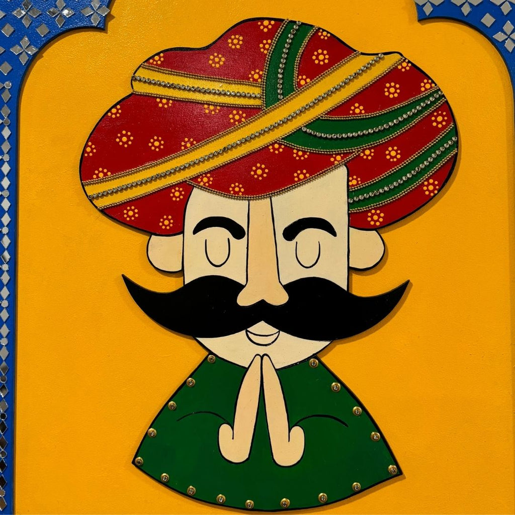 Rajasthani Welcome Wall Art – Man in Namaste, 20x16 Jharokha