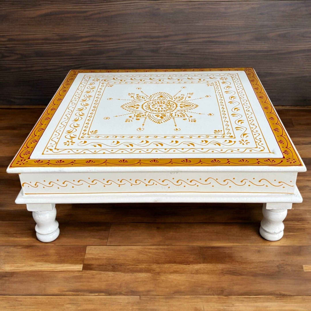Wooden White Pooja Chowki - 18x18x6.5-Inches Gold Border Bajot