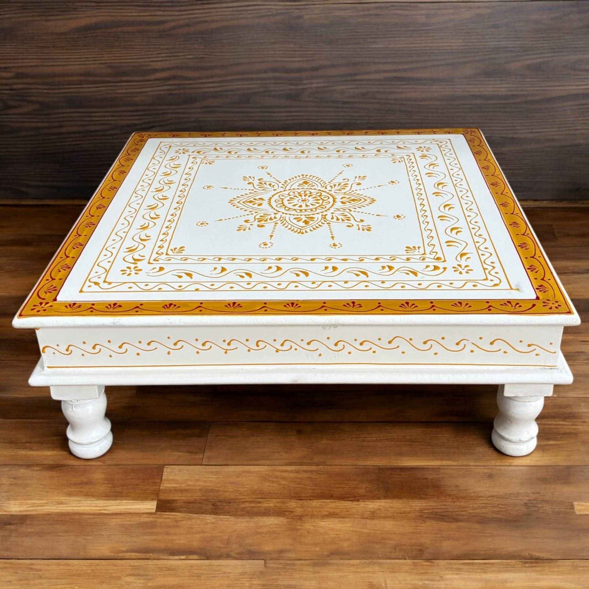 Wooden White Pooja Chowki - 18x18x6.5-Inches Gold Border Bajot