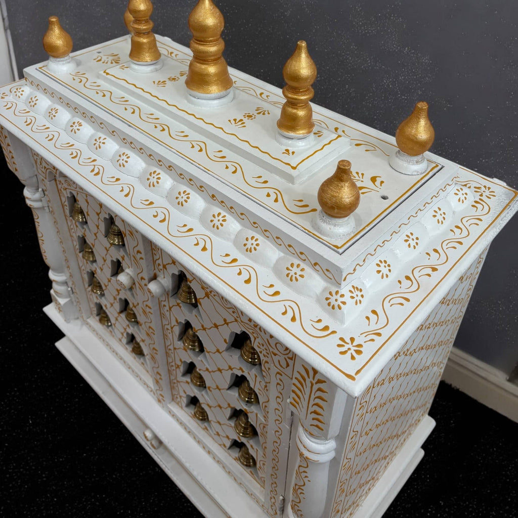 White Wooden Pooja Mandir with Brass Bells & Doors