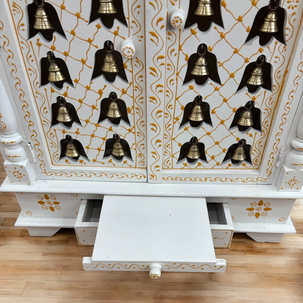 White Wooden Pooja Mandir with Brass Bells & Doors