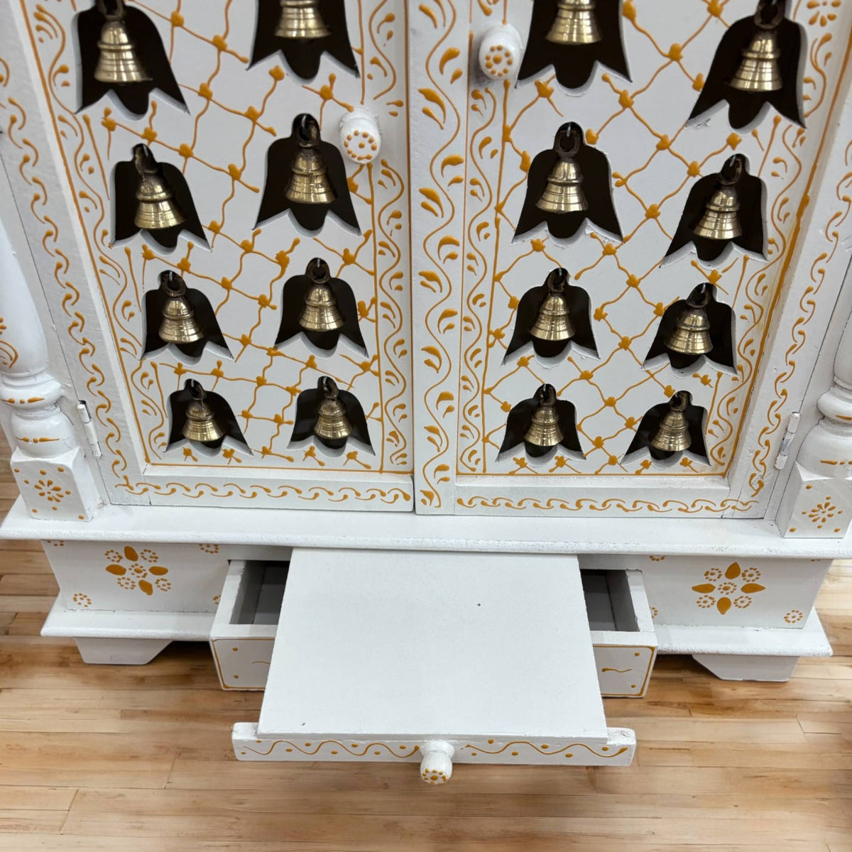 White Wooden Pooja Mandir with Brass Bells & Doors