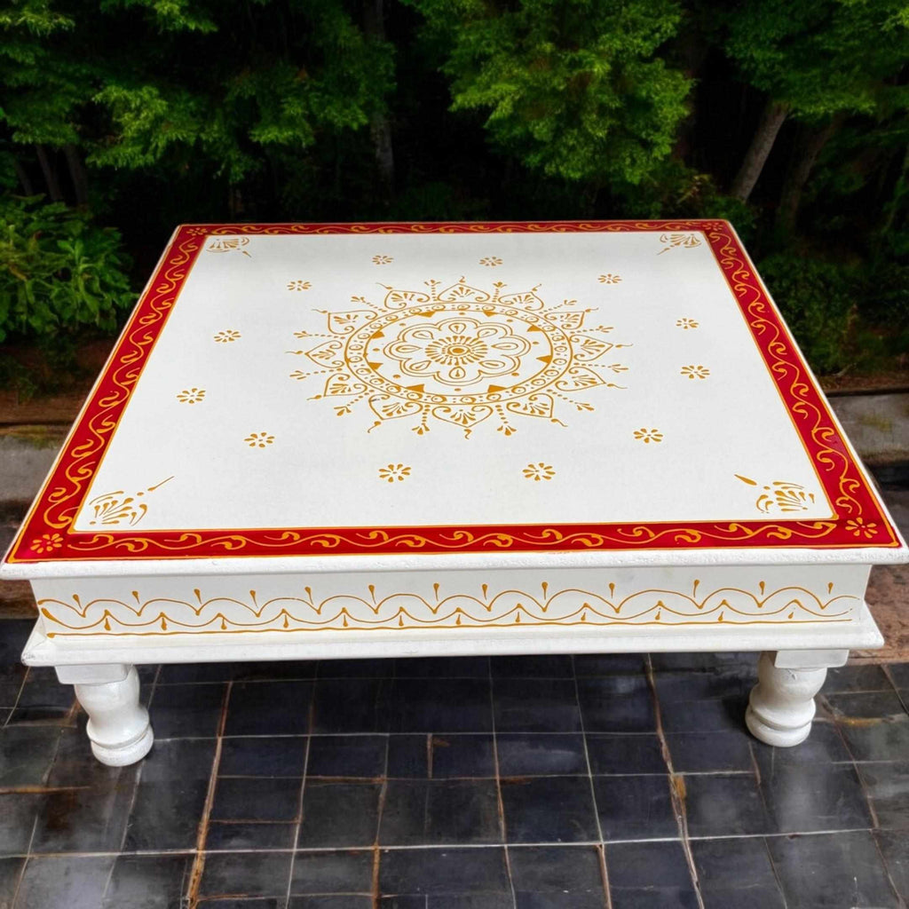 Wooden White Pooja Chowki - 18x18x6.5-Inches Red Bajot
